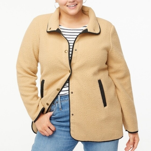 J. Crew Piped Sherpa Fleece Coat size L Khaki Camel Winter jacket - Picture 1 of 17